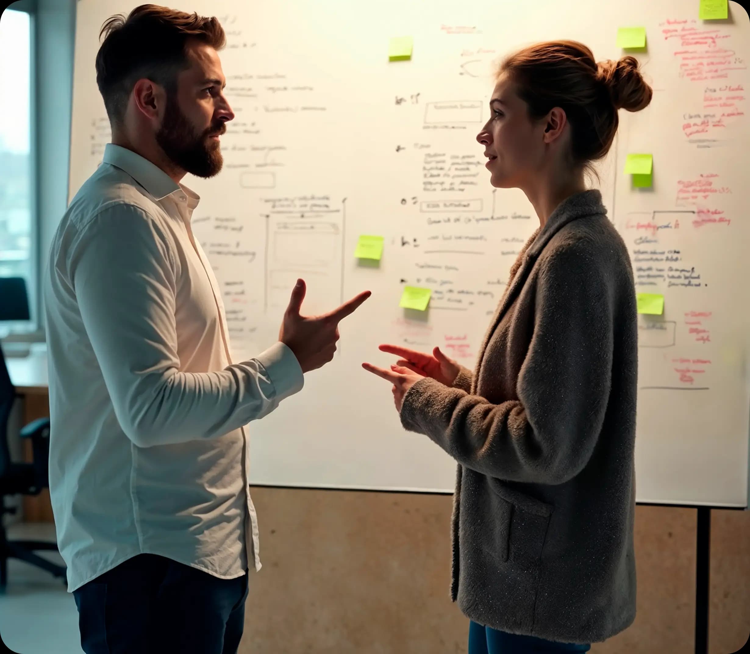 Two colleagues discussing a brief at a whiteboard